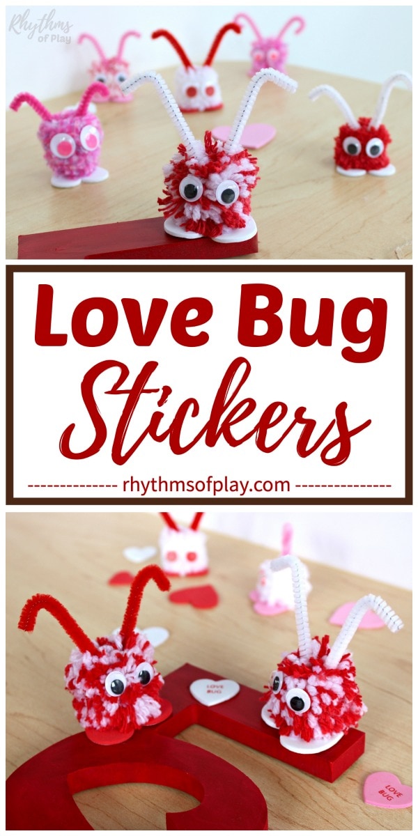 Love bug pom pom craft ideas for kids and adults (crafts and photographs by C. Kartychok and Nell Regan K. co-founders of Rhythms of Play)