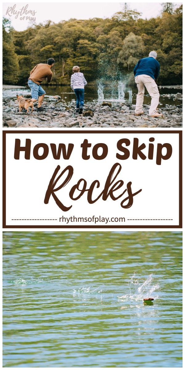 a family demonstrating how to throw or skip rocks and stones across water