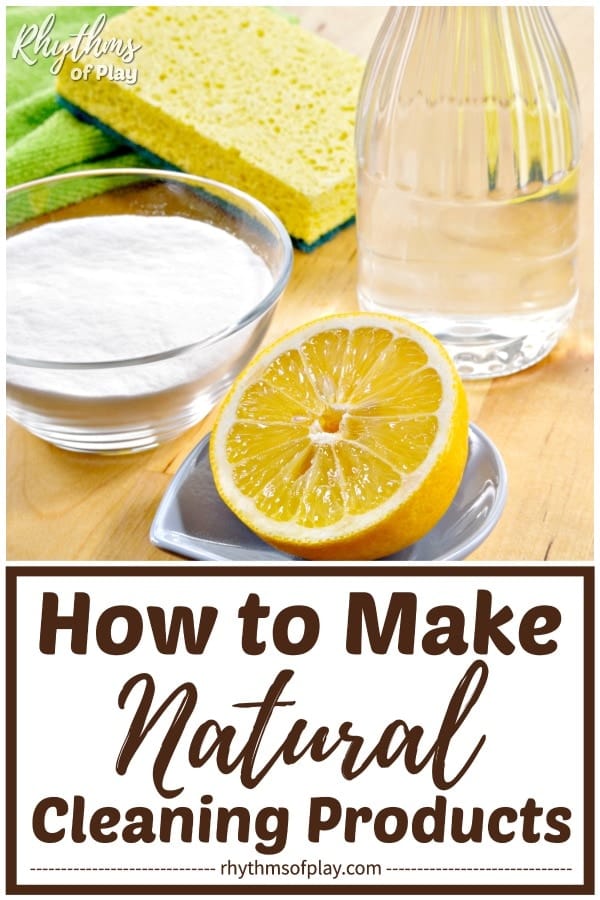 Homemade natural cleaning product ingredients; baking soda, vinegar, and lemon.