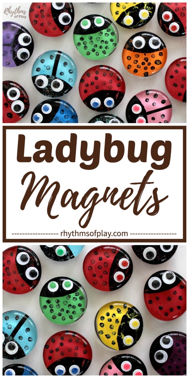 DIY ladybug glass gem magnets in a rainbow of colors on refrigerator (photo and magnet crafts by Nell Regan K. and Charlize Kartychok)