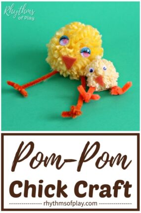 Fluffy yellow DIY pom pom chick crafts siting with each other