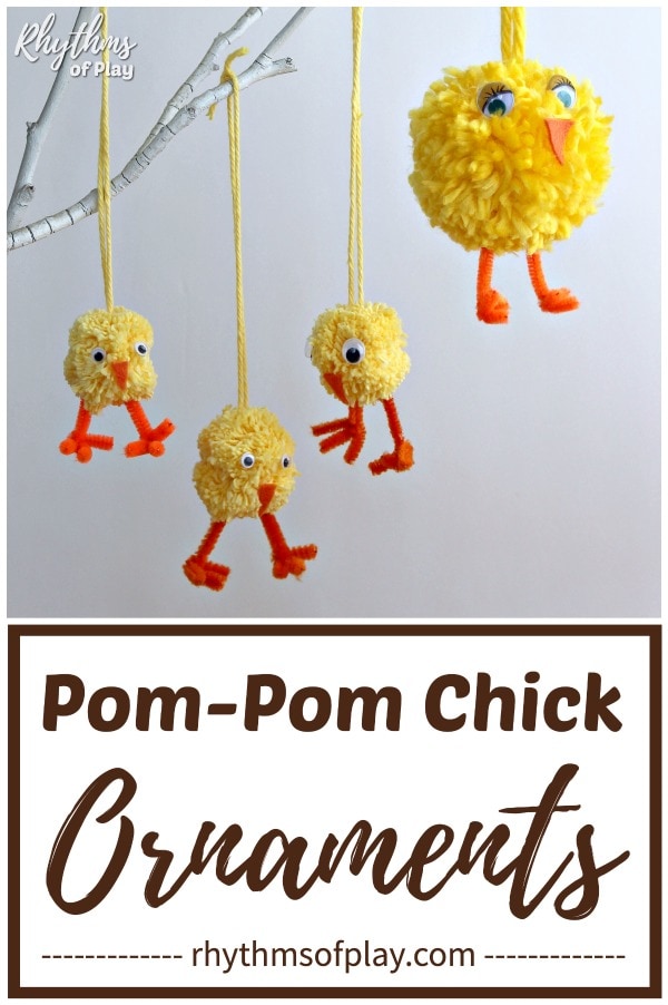 Cute baby chick DIY pom-pom ornaments hanging on an Easter Tree branch