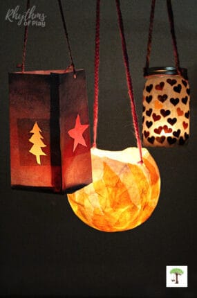 gorgeous luminaries lit for a fall lantern walk festival for Martinmas or St. Martin's Day.