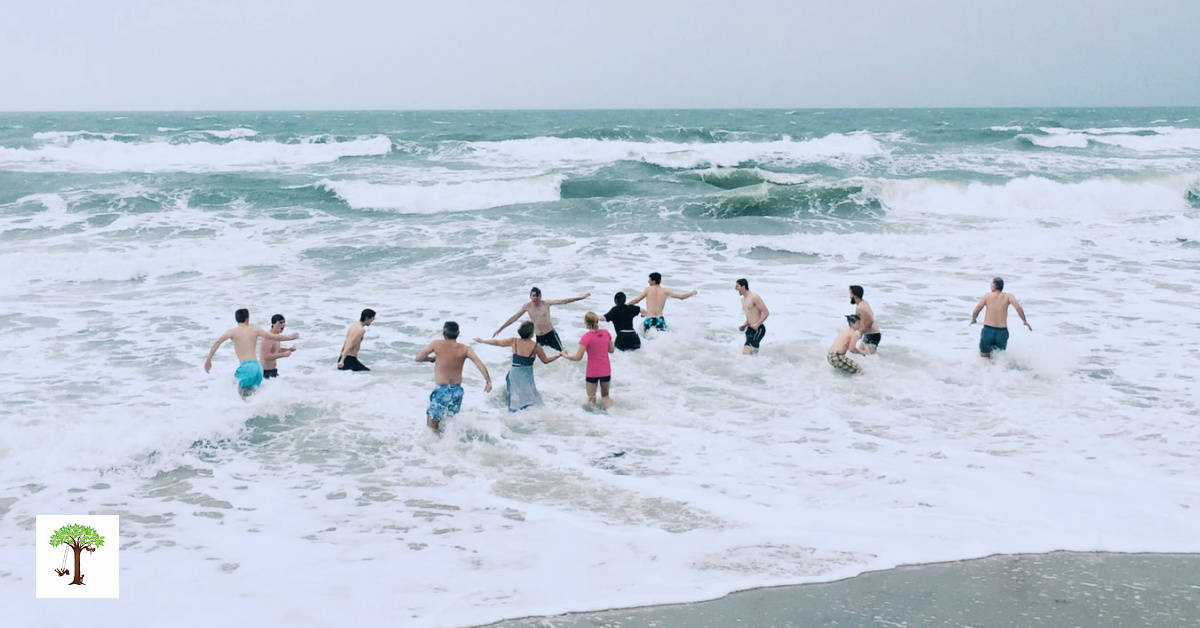 family plunging into the ocean for a traditional New Year's day polar bear swim