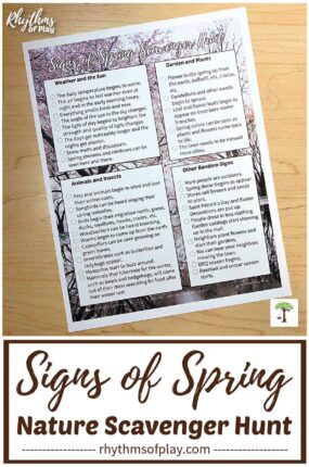 Signs of spring scavenger hunt printable for kids (and adults) pictured here.