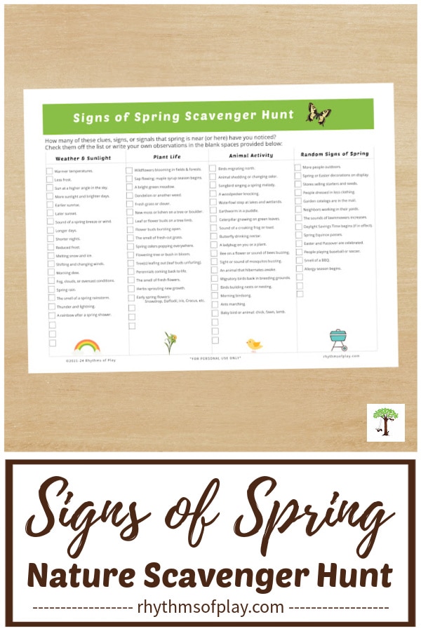 NEW Signs of spring printable scavenger hunt for kids (and adults) sitting on a table.