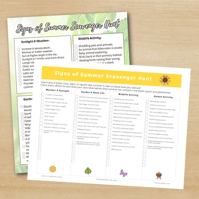 Picture of both of the "Signs of Summer printable Nature Scavenger Hunt" landscape and portrait.