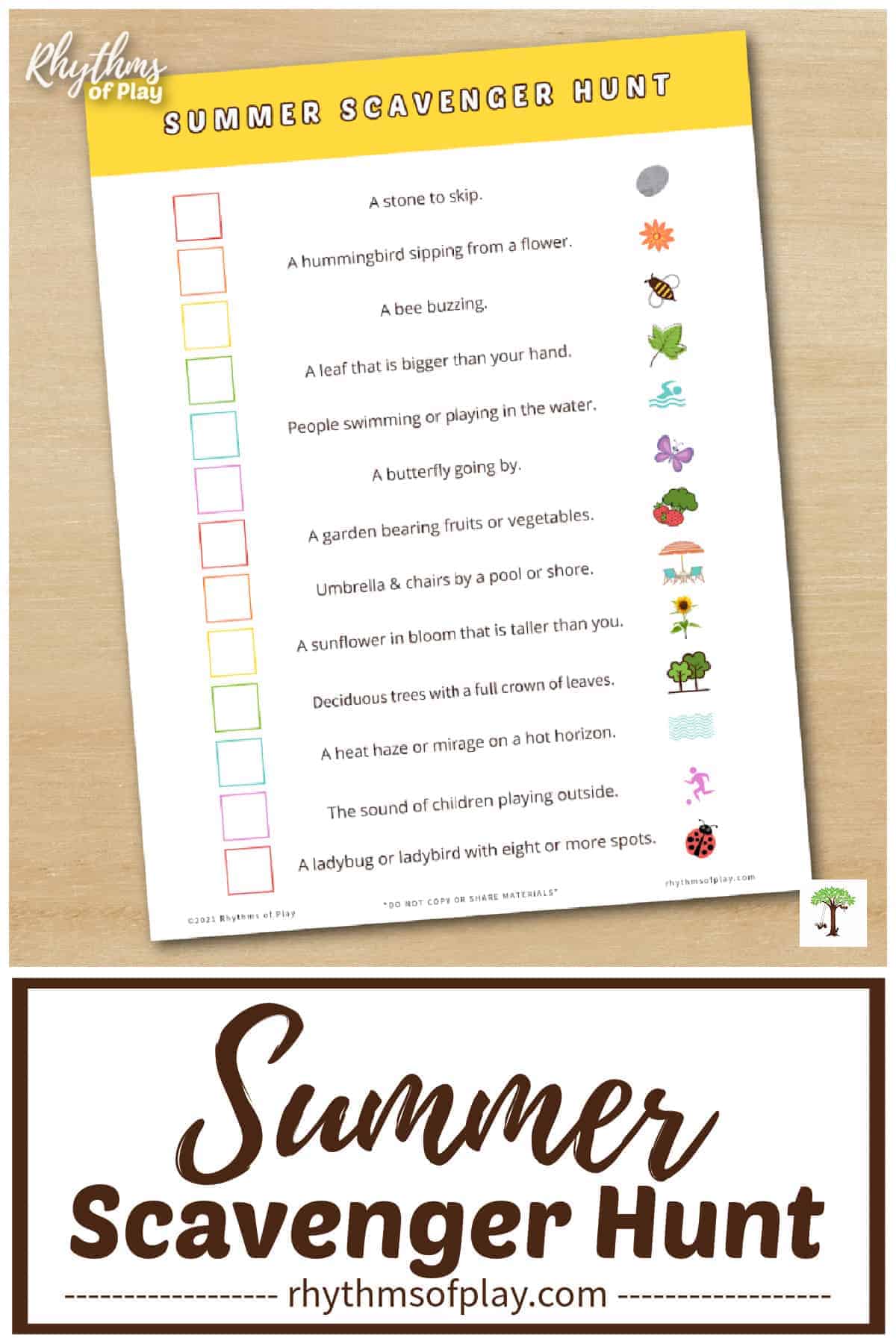 printable summer scavenger hunt for toddlers, preschoolers, kindergarteners and elementary-aged kids
