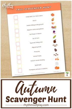 printable autumn-themed fall scavenger hunt idea for kids