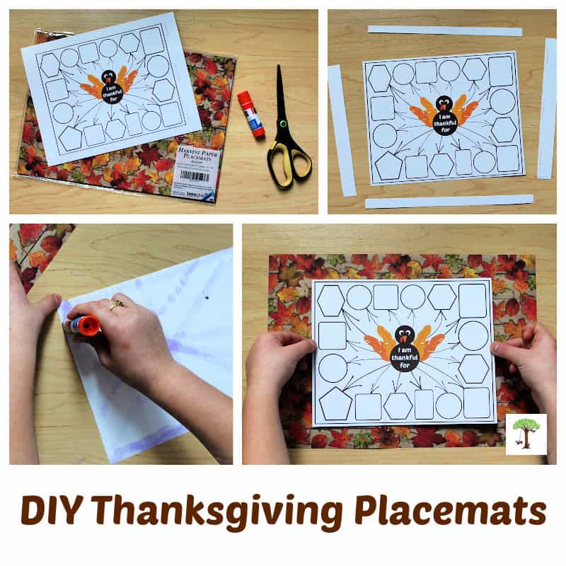 step by step photos showing how to make thankful turkey Thanksgiving placemat craft for kids and adults