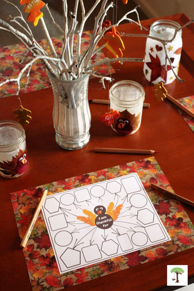 I am thankful for printable Thanksgiving placemats to color on the dining table with thankful turkey
