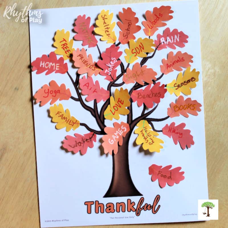 Thanksgiving thankful tree printable craft and activity with colorful paper gratitude leaves.