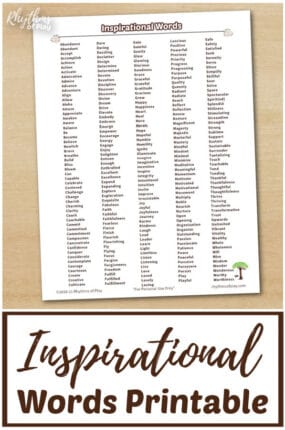 alphabetical list of Inspirational words printable for 2022 word of the year
