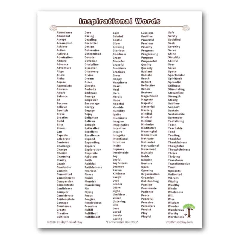 inspirational words printable - alphabetical list of positive, motivational and inspirational words