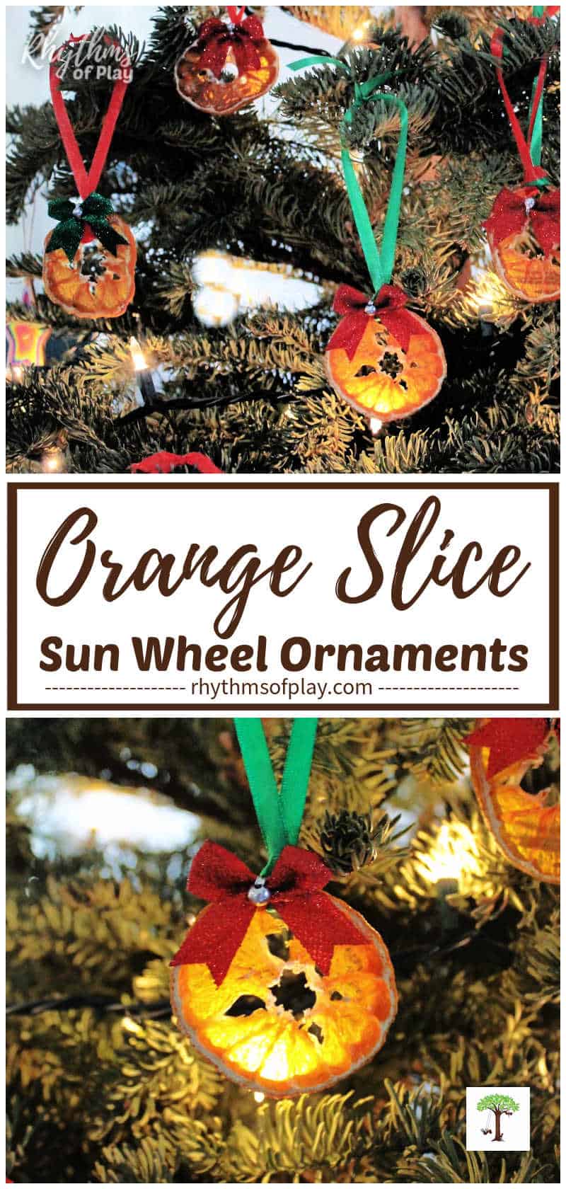 dehydrated orange slice sun wheel ornaments hanging on the Yule Tree
