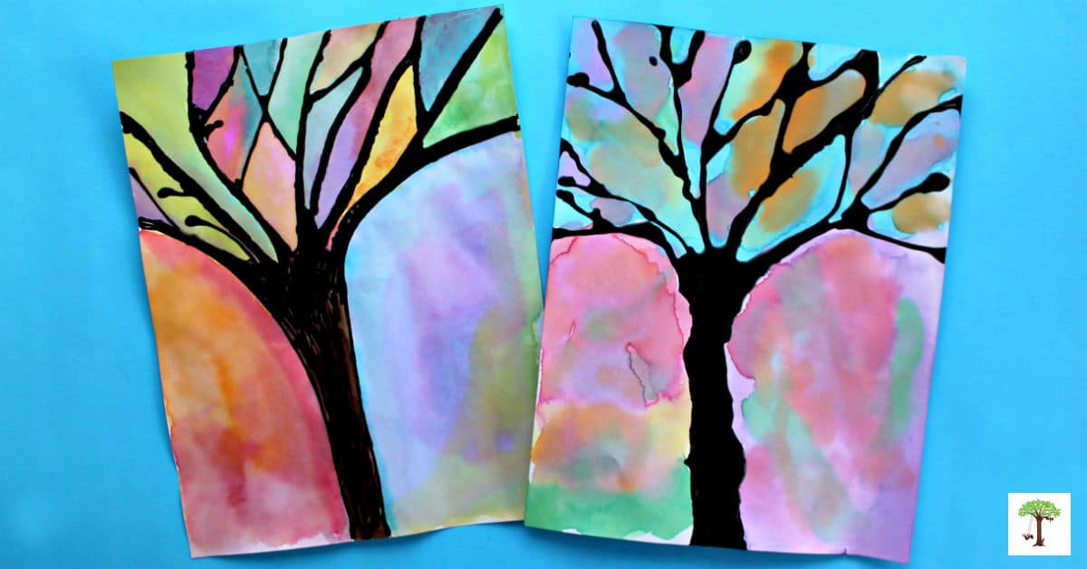 Winter tree silhouette art watercolor painting for kids and adults
