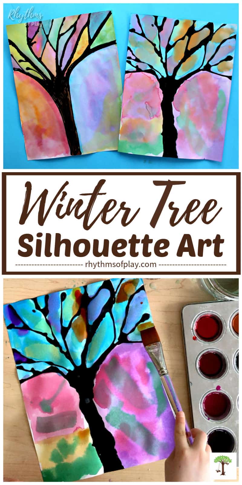 kid demonstrating how to paint a winter tree silhouette with watercolors
