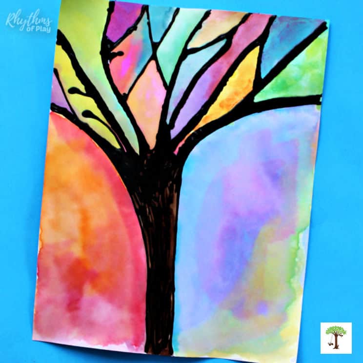 colorful bare tree winter silhouette watercolor painting idea for kids and adults