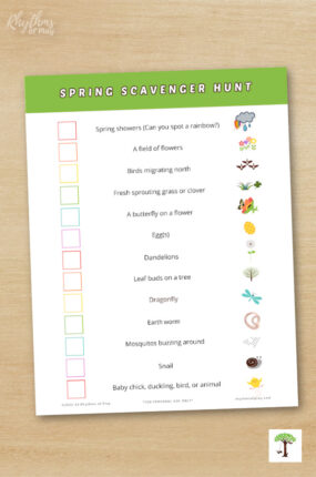 Updated Spring scavenger hunt for kids with printable clues on a list to look for and check off as you find them by Nell Regan Kartychok founder of Rhythms of Play