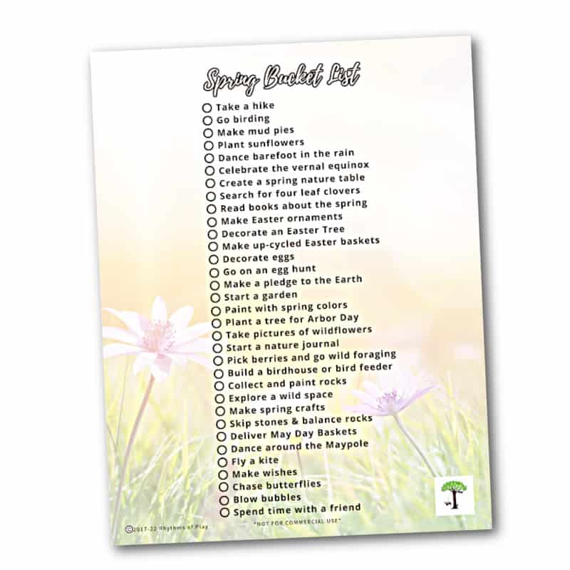 photo of spring bucket list printable (list of spring activities for kids and adults)