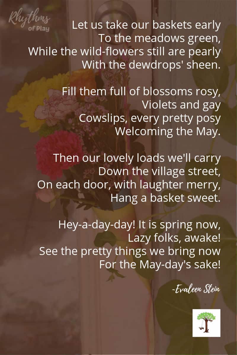 Traditional May Day basket full of flowers hanging on door with May Day Poem, "Let us take our baskets early..."