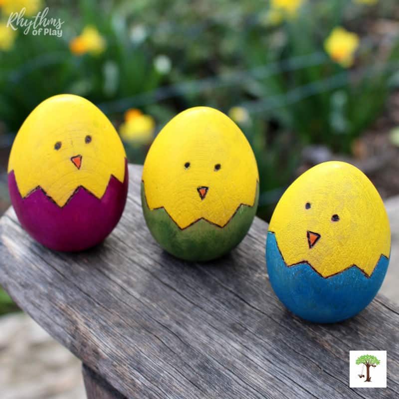 DIY Easter Chicks wooden egg craft and decorating idea for kids and adults
