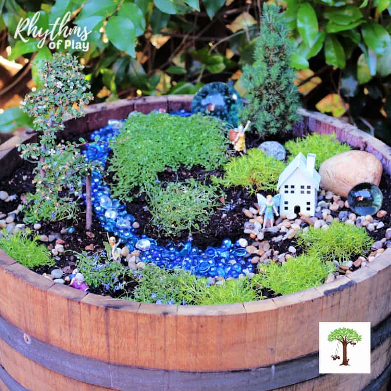 DIY pot fairy garden in a half wine barrel step-by-step instructions