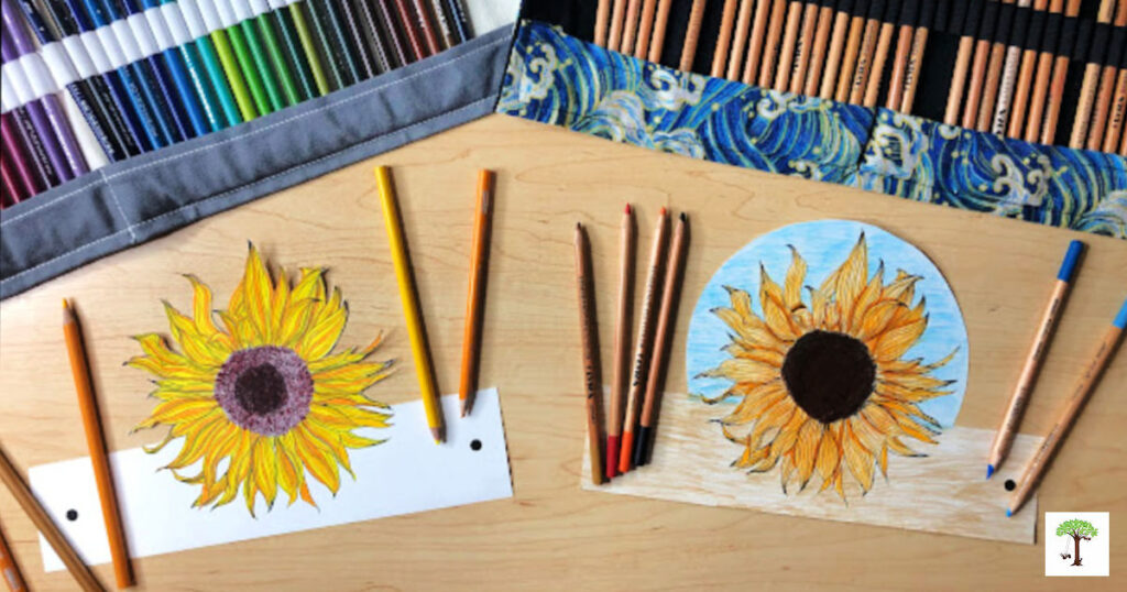 sunflower tiaras paper flower crown coloring printable with the colored pencils used to color them