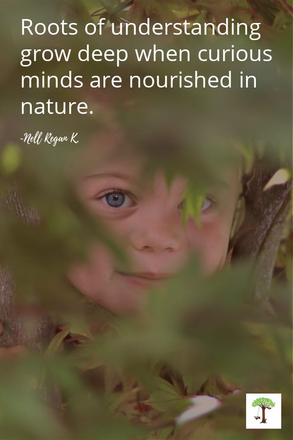 Outdoor learning ideas and nature activities - kid in tree peeking through leaves with quote, "Roots of understanding grow deep when curious minds are nourished in nature." (by Nell Regan K, photo of C. Kartychok)