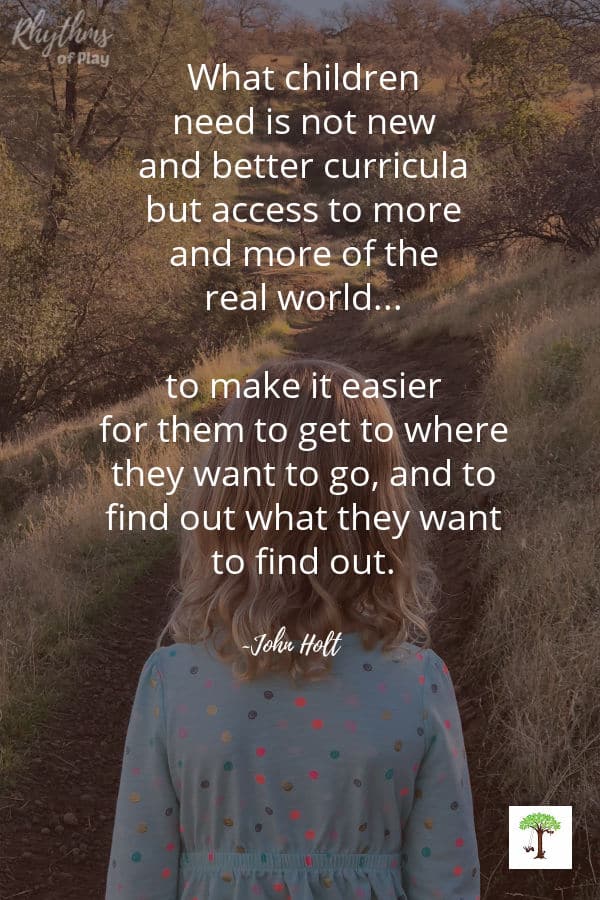 child in nature on a dirt path with quote overlay "What children need is not new and better curricula but more and more of the real world... To make it easier to for them to get to where they want to go and find out what they want to find out." (photo of C. Kartychok by Nell Regan)