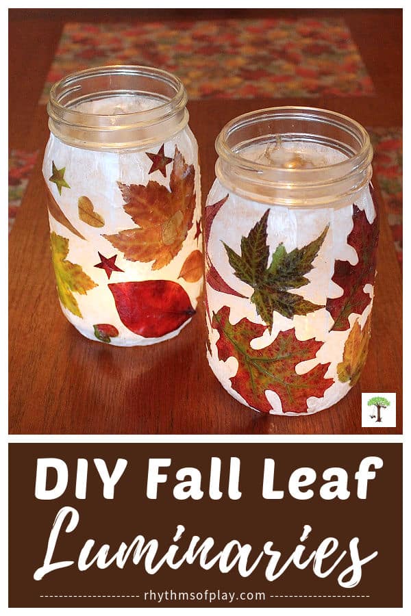 DIY leaf lanterns sitting on a table with candles inside to illuminate the autumn leaves--so pretty!