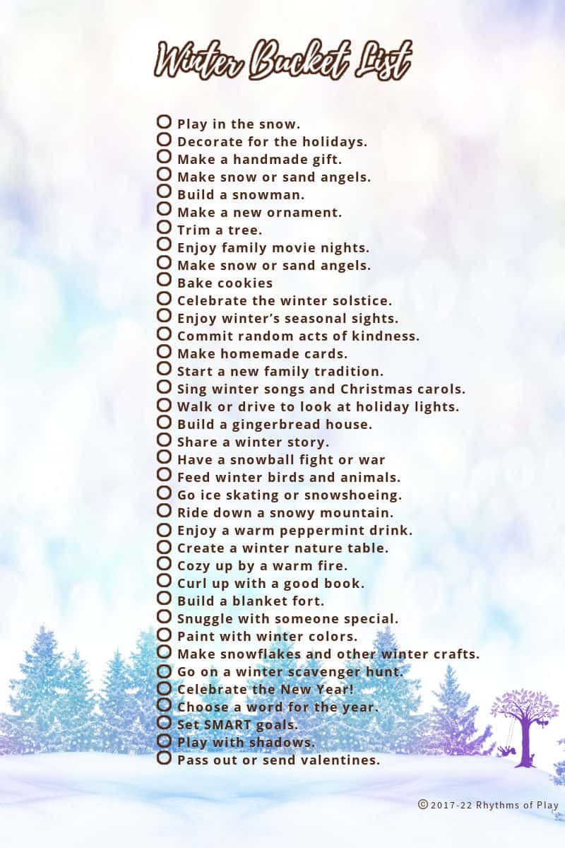 Bucket list ideas for wintertime fun with printable checklist template.