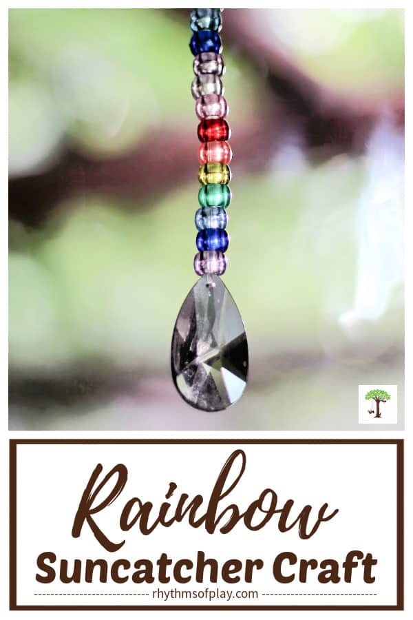DIY Hand-beaded rainbow suncatcher crafts with a prism and pony beads strung in a rainbow of colors (rainbow craft and photos by Nell Regan K. and C. Kartychok)