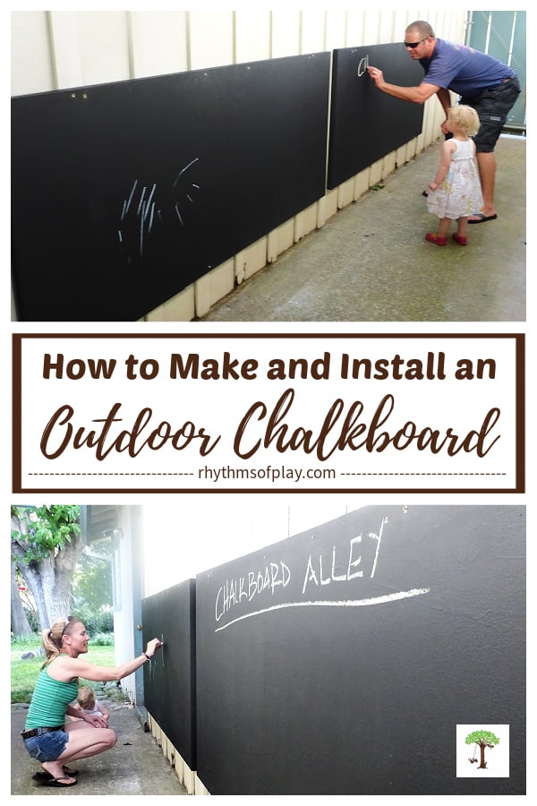How to make and install a large outdoor chalkboard (photos of Nick, Charlize, and Nell Kartchok creating chalk art on DIY chalkboard)