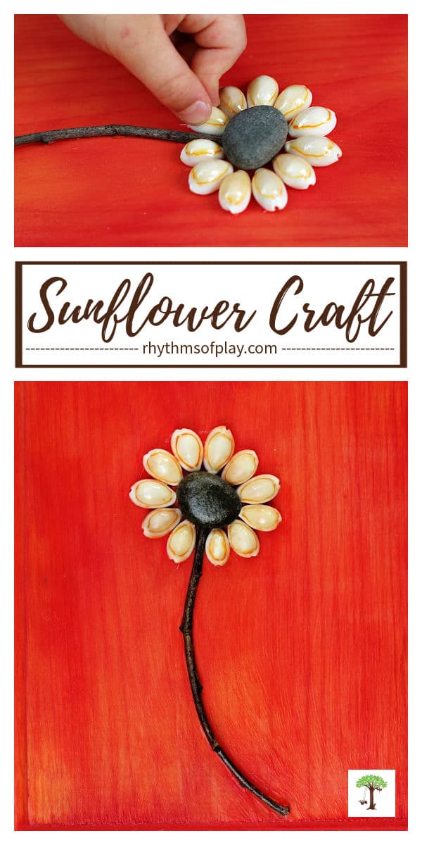 sunflower craft made with shells, twigs, and small stones or pebbles