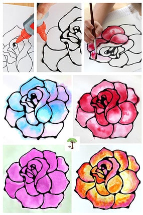 How to paint a rose watercolor art tutorial (watercolor rose art with black glue as the resist medium paintings by Nell Regan and Charlize Kartychok)