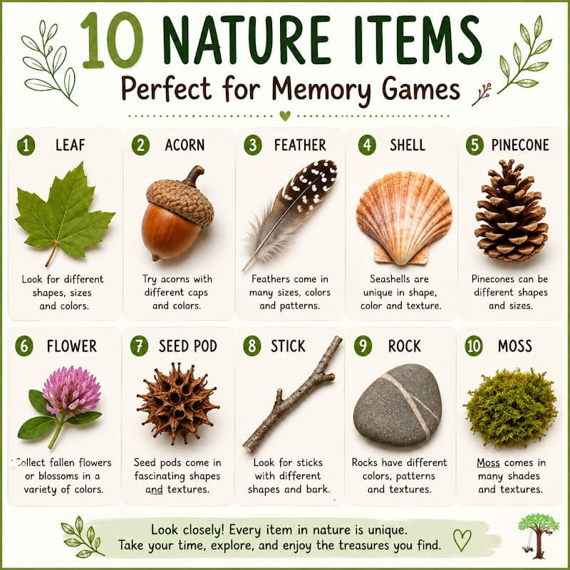 Several natural objects that are ideal for nature memory matching games (leaves, acorns, feathers, shells, pinecones, etc.)