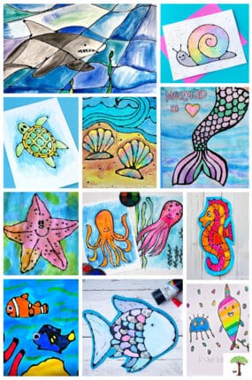 Ocean art projects with sea creatures, shells, and under-the-sea ocean scenes for kids or adults to paint.