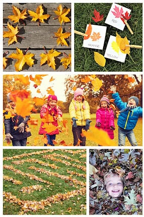 Photos of several outdoor autumn and fall leaf activity ideas for kids and adults.