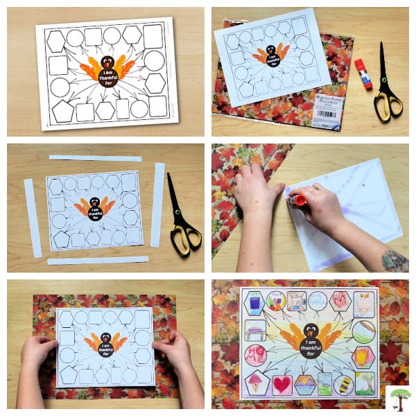 Step-by-step photo tutorial showing how to make a thankful turkey Thanksgiving placemat craft for kids and adults.