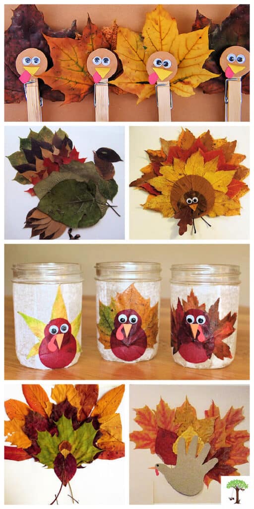 Turkey craft ideas for Thanksgiving made with real natural autumn or fall leaves.