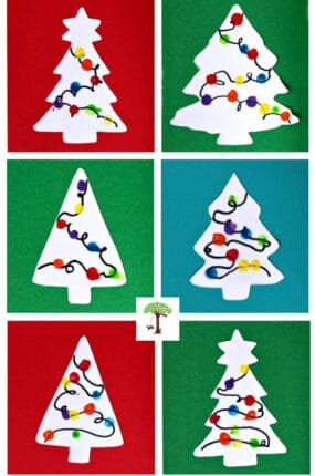 Examples of this DIY fingerprint Christmas tree lights craft in different seasonal holiday colors