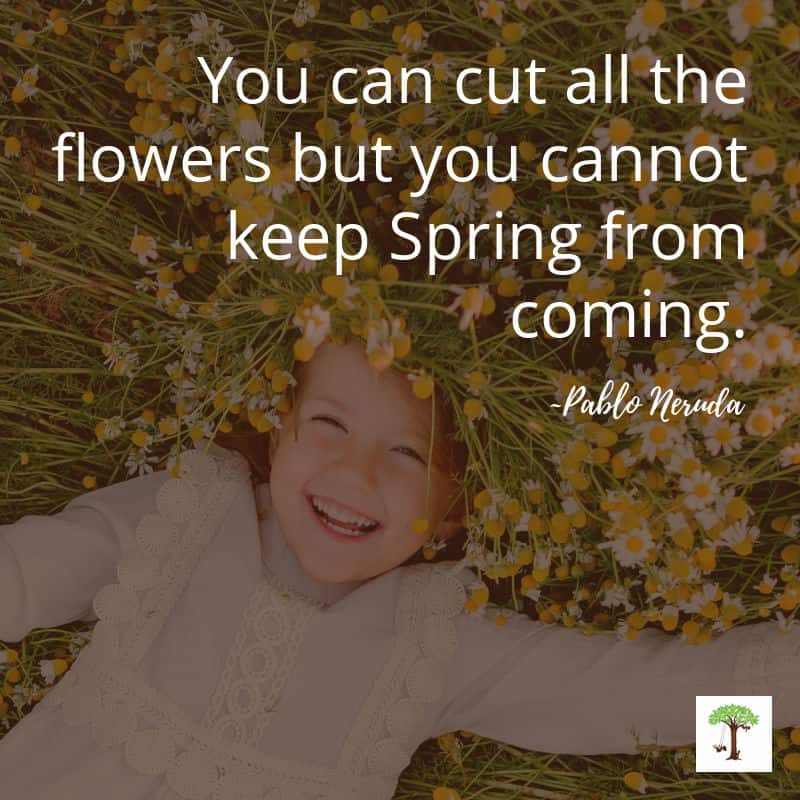 Girl laying in a meadow smiling with spring flowers in her hair and the quote, "You can cut all the flowers, but you cannot keep Spring from coming," by Pablo Neruda