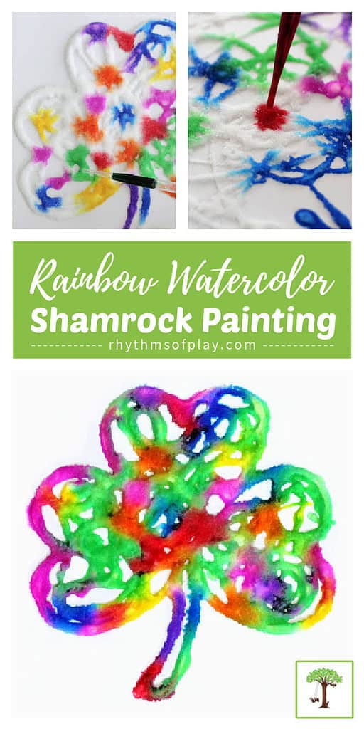 Photos demonstrating how to paint a raised salt art shamrock painting with watercolors in a rainbow of colors.
