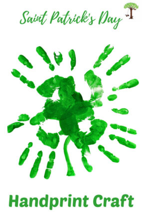 Handprint art craft for St. Patrick's Day made in the shape of a four-leaf clover