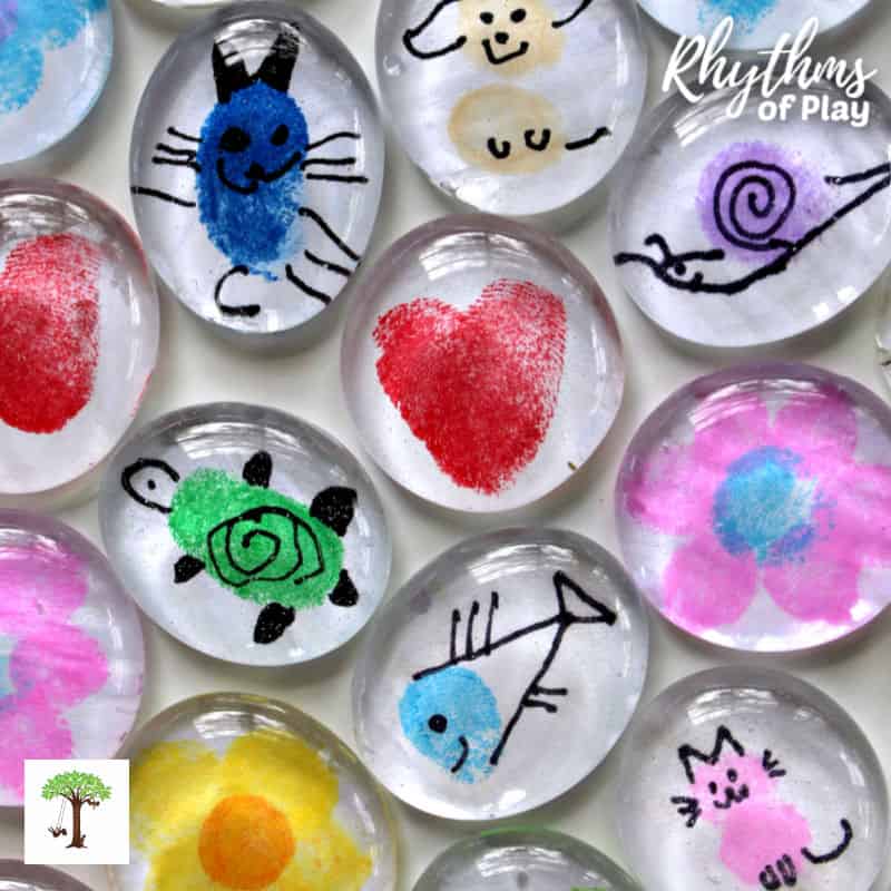 Glass magnet crafts made with fingerprint art and glass gems, floral stones, or cabochons on rhythmsofplay.com by Nell Regan Kartychok and Charlize Kartychok.