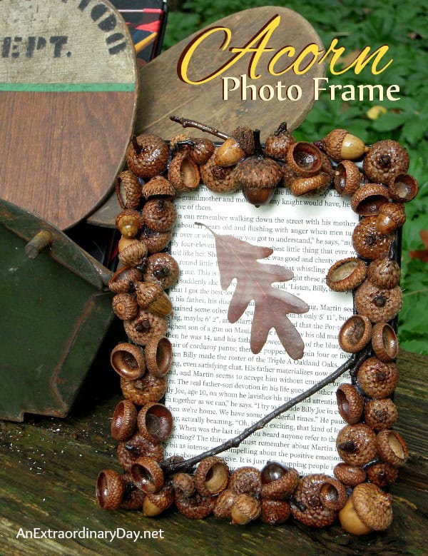 how to make a photo frame with acorns glued around the edge.