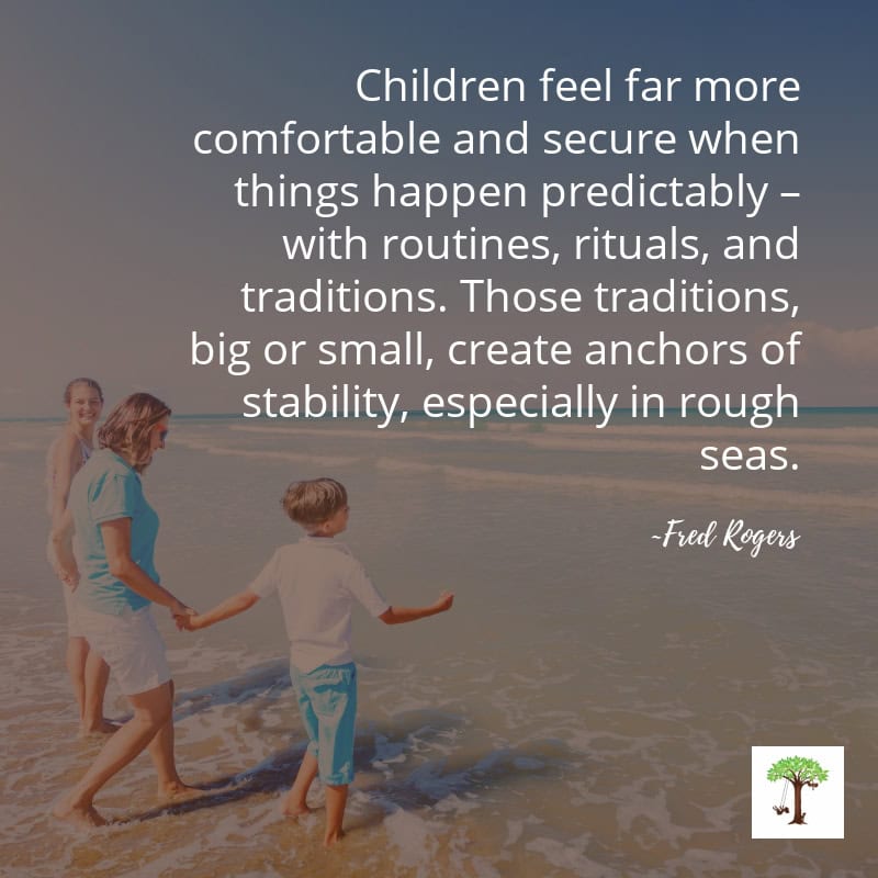 Children with mother on beach holding hands with quote, "Children feel far more comfortable and secure when things happen predictably – with routines, rituals, and traditions. Those traditions, big or small, create anchors of stability, especially in rough seas." Fred Rogers