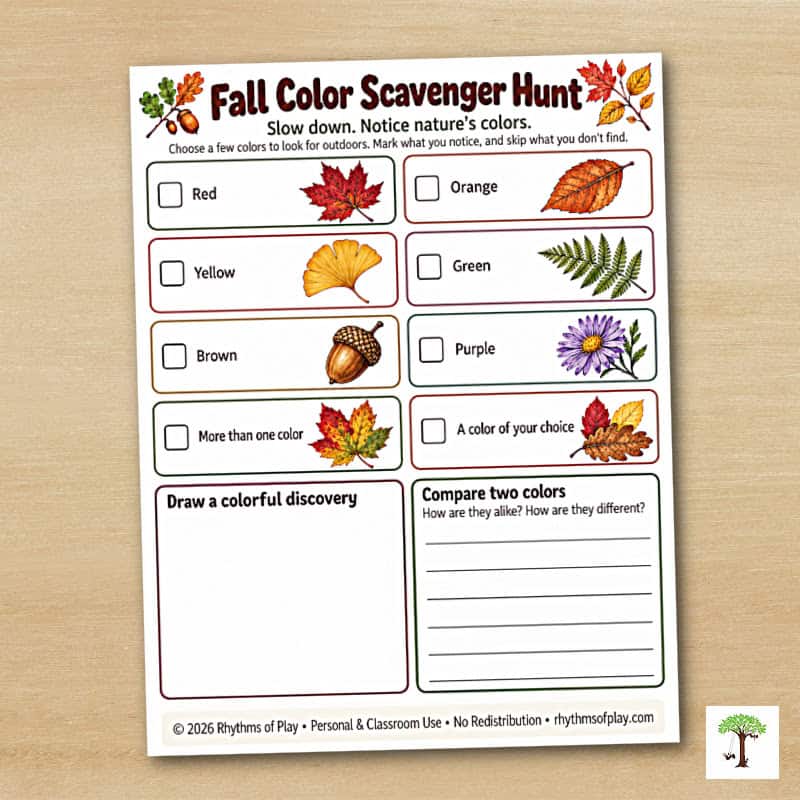 Fall Color Scavenger Hunt printable with eight color prompts and spaces to draw and compare discoveries.