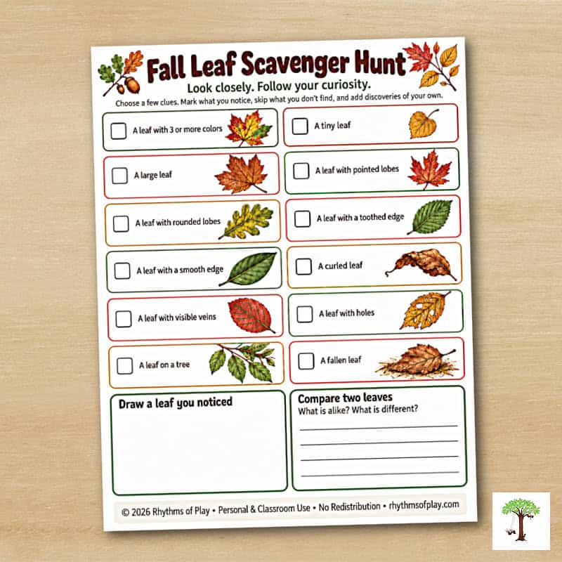 Fall Leaf Scavenger Hunt printable with 12 illustrated leaf clues, a drawing box, and space to compare discoveries.
